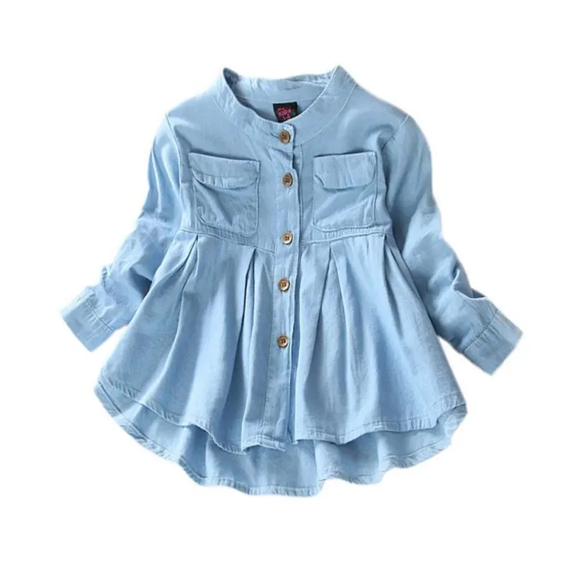 

Denim Girl Blouses Clothing Autumn Baby Girls Jeans Shirts New Solid Jean Children Kids Long Sleeve Mandarin Collar Fashion Full