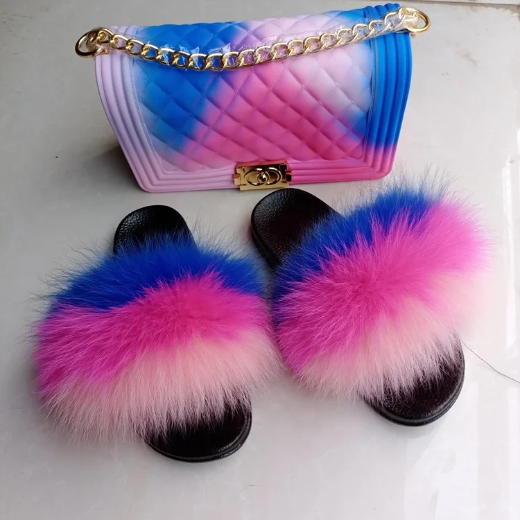 

PVC jelly bag fur slippers and purse sets