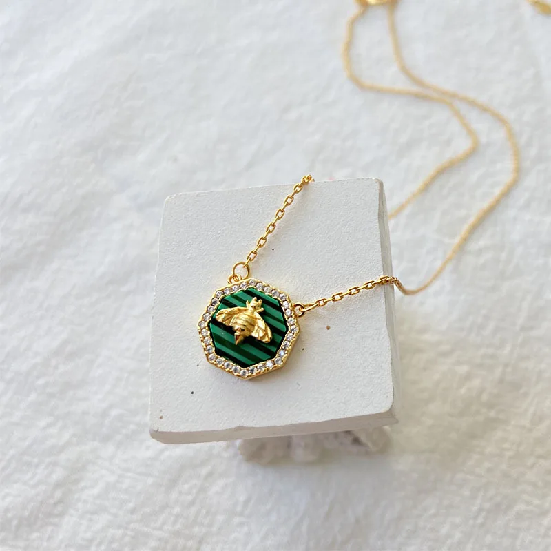 

luxury jewelry malachite bee icon 925 sterling silver necklace