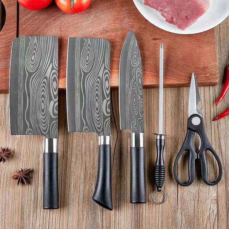 

5 pcs set Damascus pattern scling knife chinese cheap bone knife scissors sharpener kitchen knives set