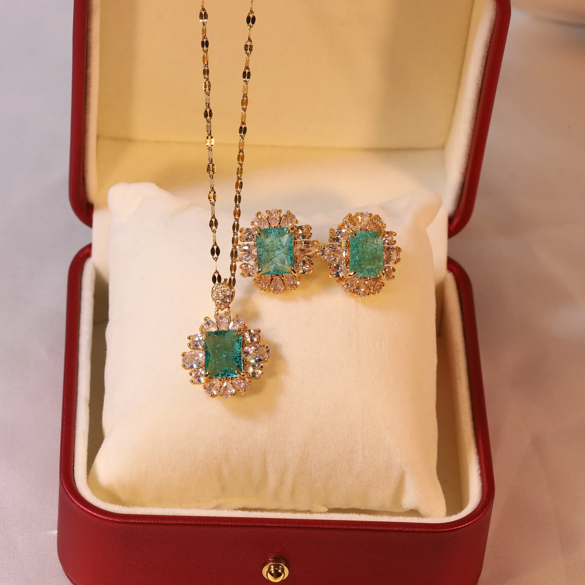 

Emerald Zircon Luxury Stainless Steel Necklace Earrings Jewelry Set For Women