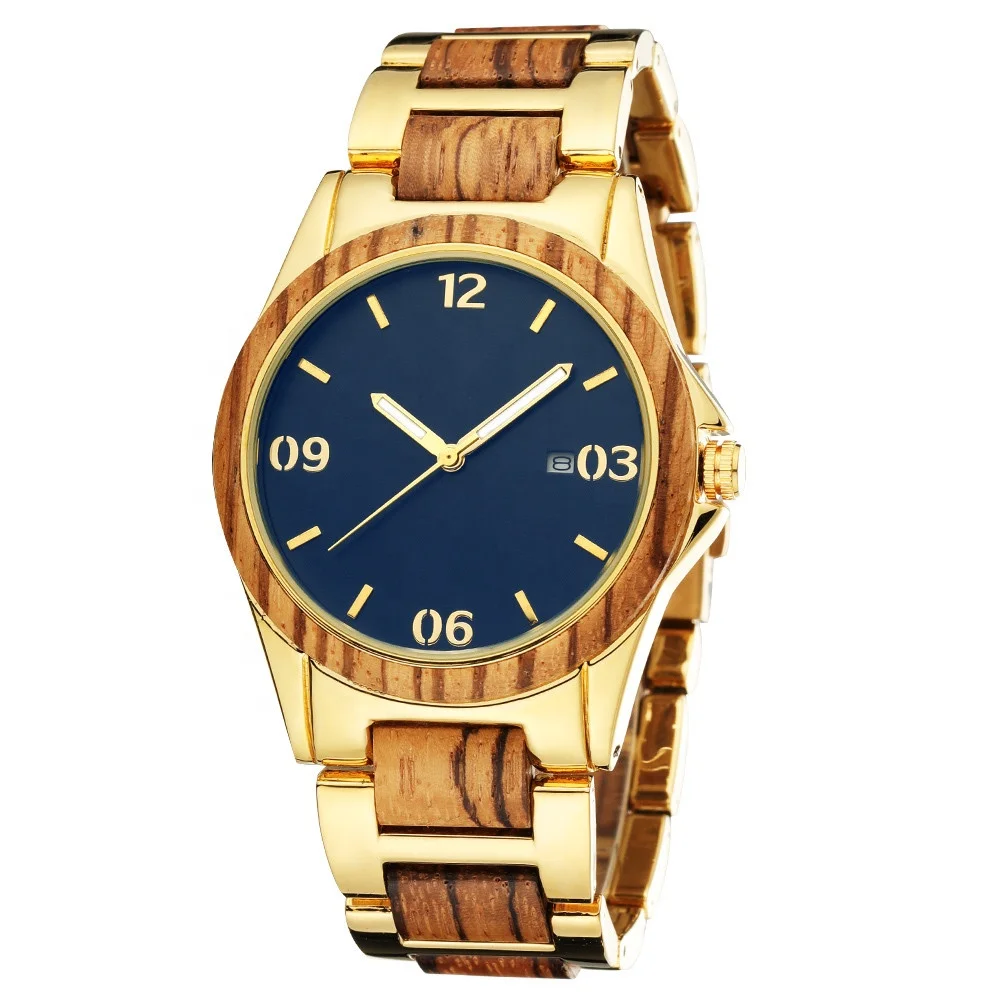 

High Quality Luxury Waterproof Custom Quartz Gold Mens Metal Wood Watch, Natural wood color