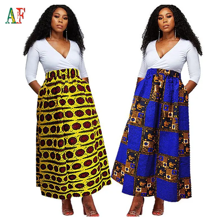 

AF Fashionable Wax Fabric Dress African Printing Various Style Cotton long Long Maxi Elastic Waist Women Skirts, Available in 10 colors