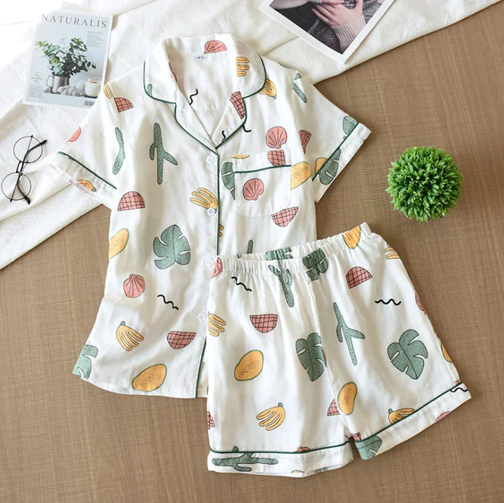 

Women cotton floral printing pajamas set thin cotton gauze sleepwear, Pink/green