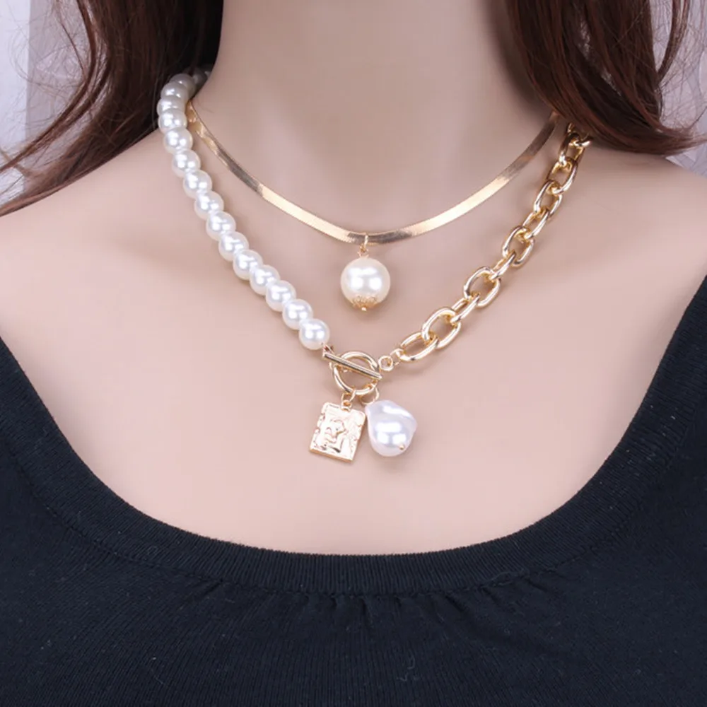 

Fashion Jewelry Vintage Baroque Jane Necklace Figure Pendant Double-layer Sweater Chain Pearl Necklace, Rose gold,silver