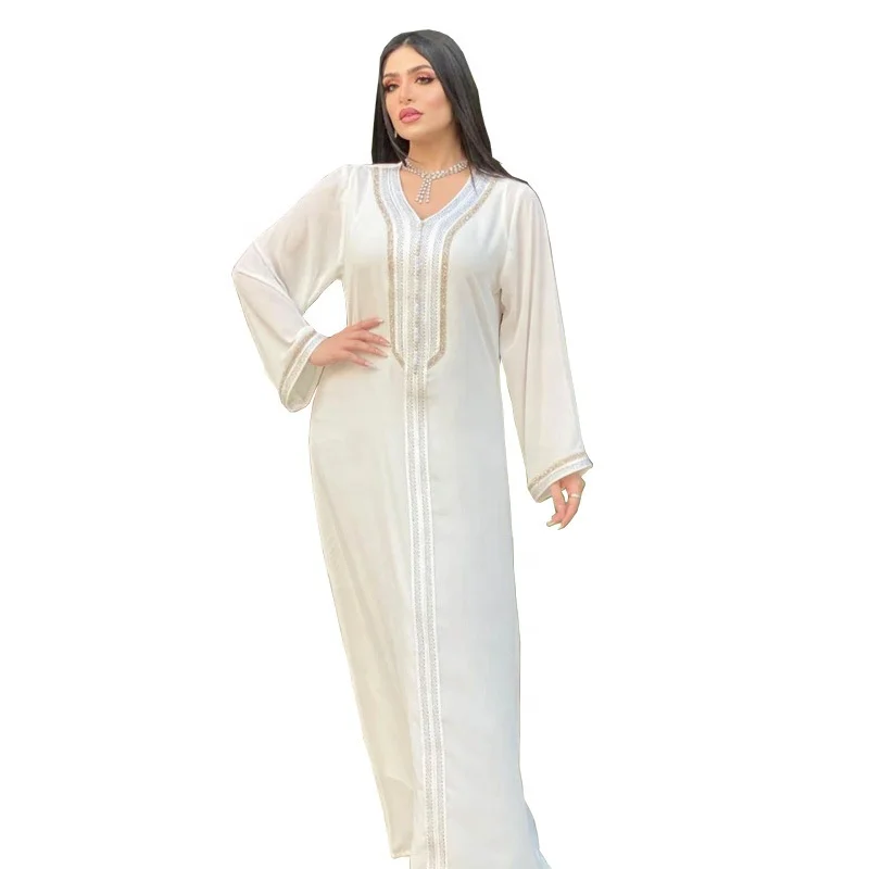 

Islamic Clothing Middle East Arabic White Muslim Dress Sets With Crystal For Women