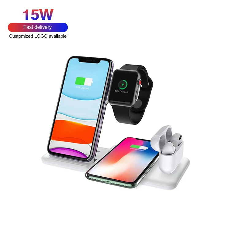 

Portable Foldable Qi Quick Smart Cell Mobile Fast Charging Type C Cellphone 15W 4 In 1 Wireless Charger Stand For Iphone I Phone, White, black