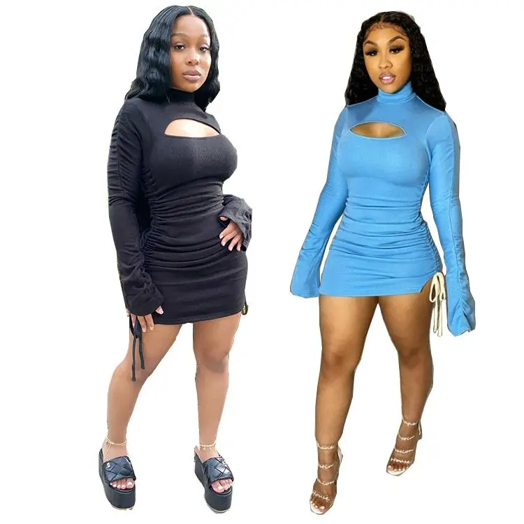 

2020 Latest Design Autumn New Long Sleeve Solid Color Drawstring Draped Hollow Out Women Sexy Bodycon Mini Dress
