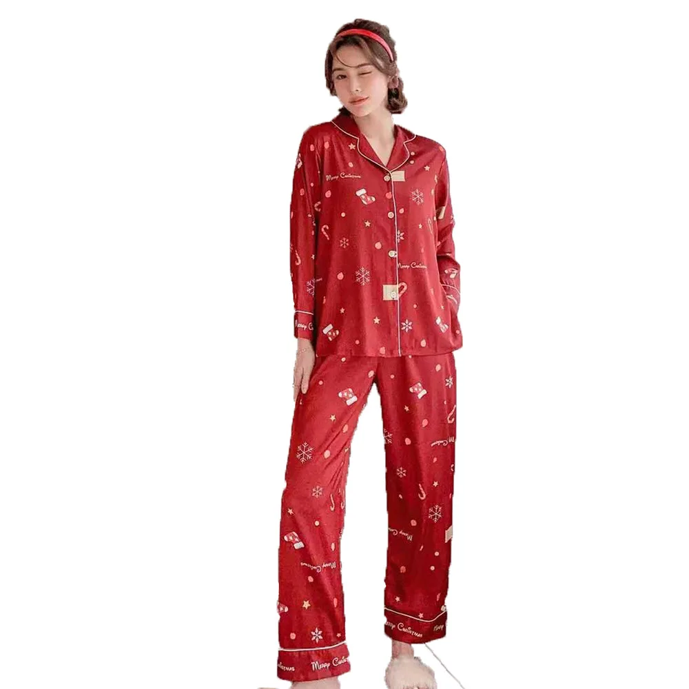 

Hot Sale Plus Size Satin Matching Nightgown Silk Sleepwear Women Christmas Pajamas