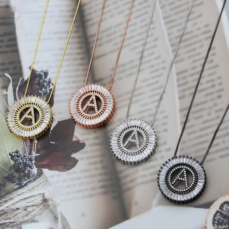 

Letter A Necklace Simple Copper-plated Gold Rose Gold Round Full Zircon English Pendant Clavicle Chain Necklace, Colorful