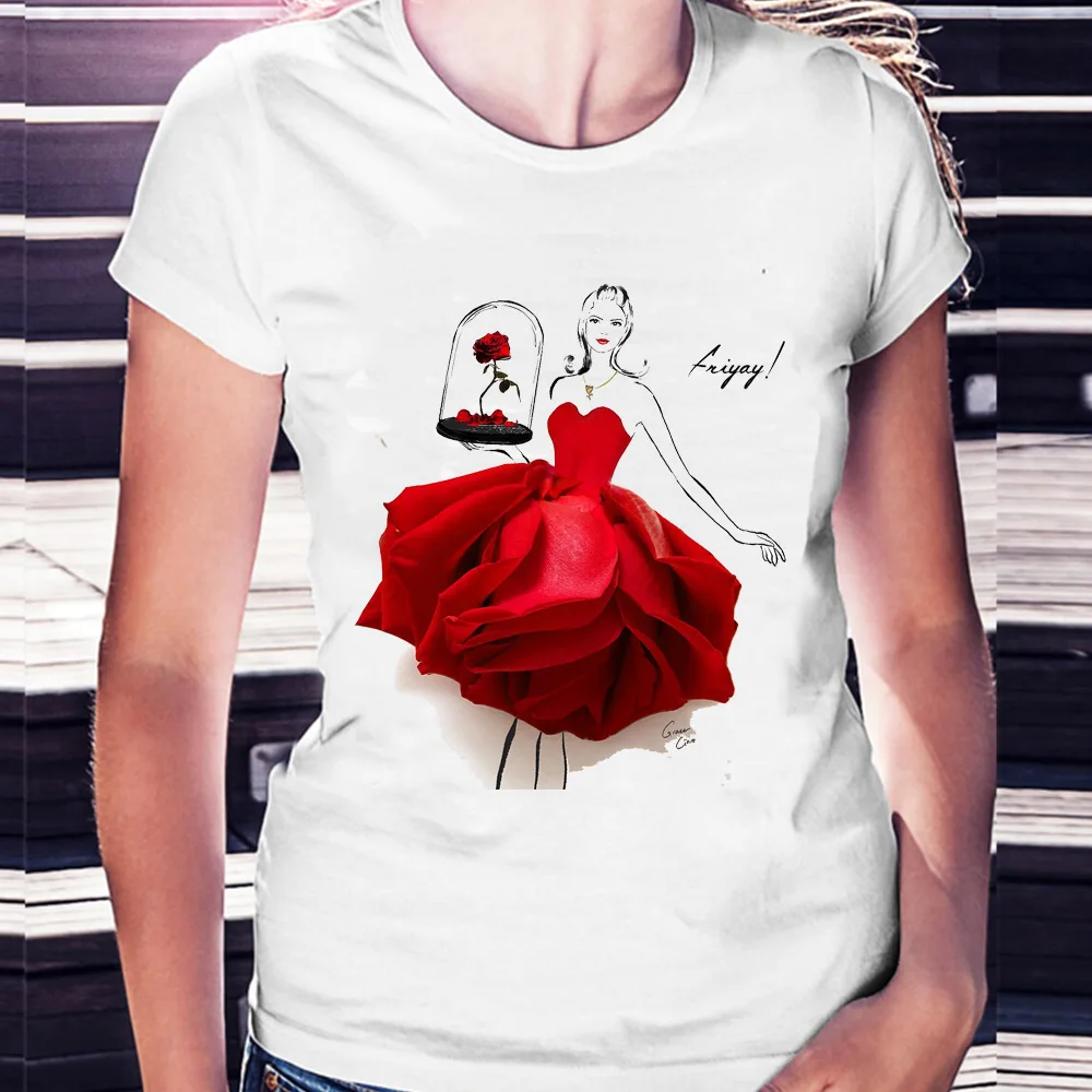 

Latest Design Women Short Sleeve Graphic Tees Tops Flower Princess 3D Print Harajuku White T-shirts