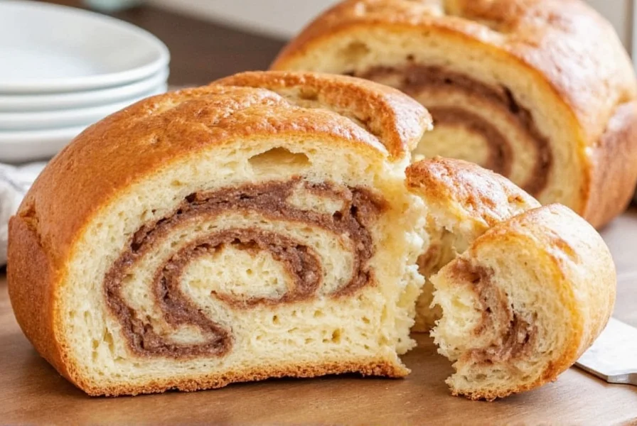 Close-up of cinnamon swirl bread cross-section showing perfect spiral layers