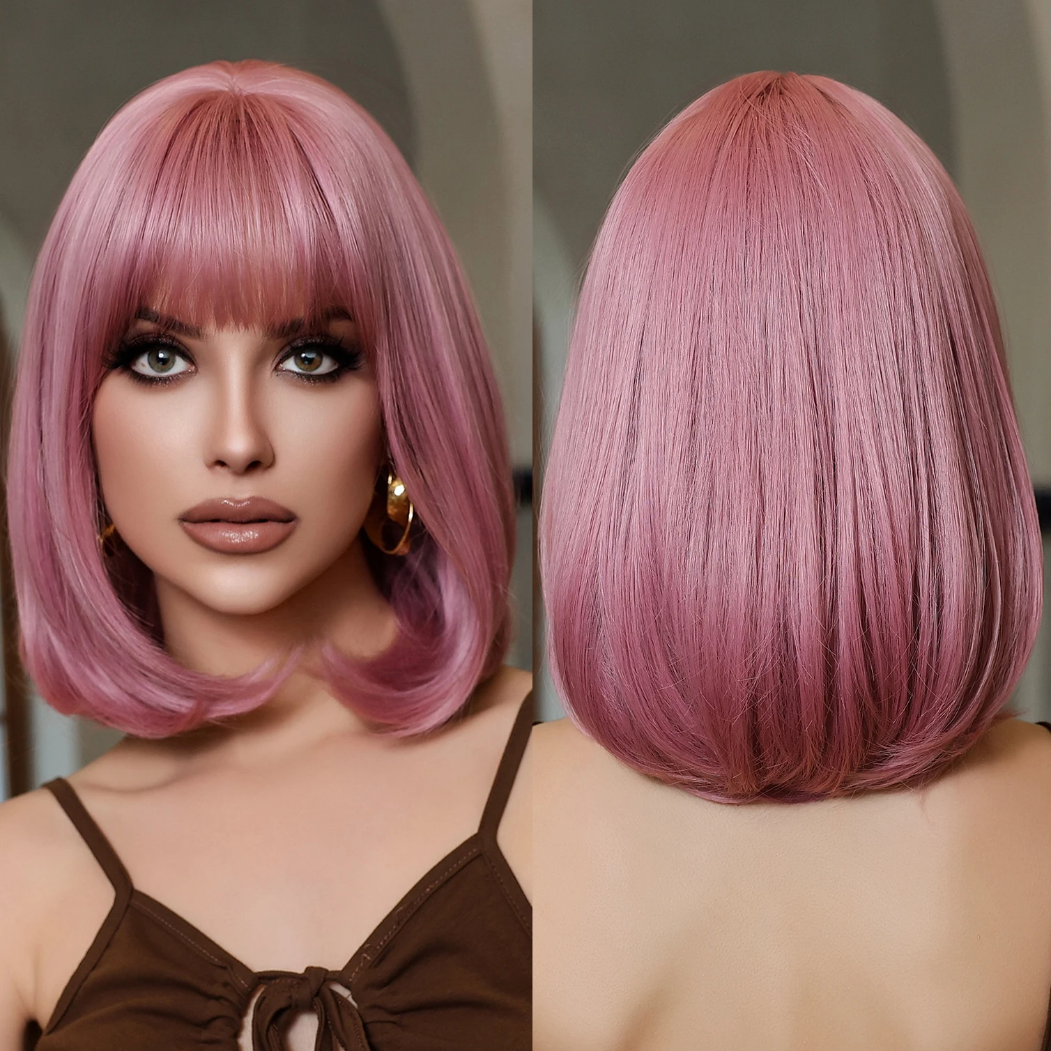 Factory Outlet Pink Purple Bob Synthetic Wig with Bangs Short Straight Multi-Layer Natural Hairstyle Durable Matte