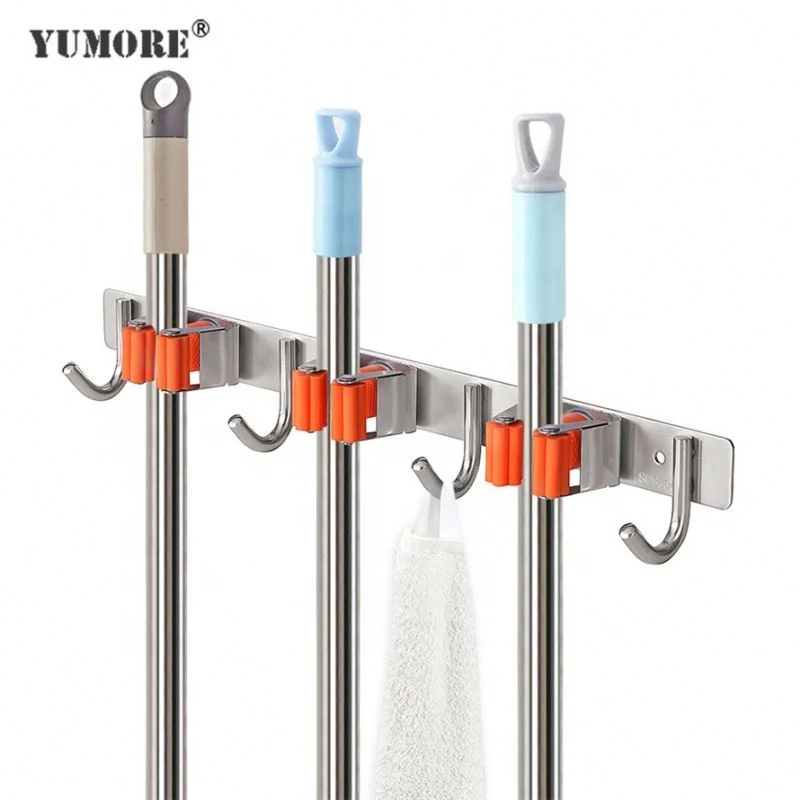 
304 Stainless Steel Hook Metal Tools Storage Rack Organizer Wall Mounted Mop And Broom Holders 