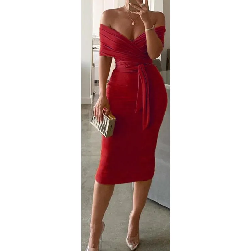 

Solid Wrap Summer Women Casual Work Out Off Shoulder Dress, Red,pink