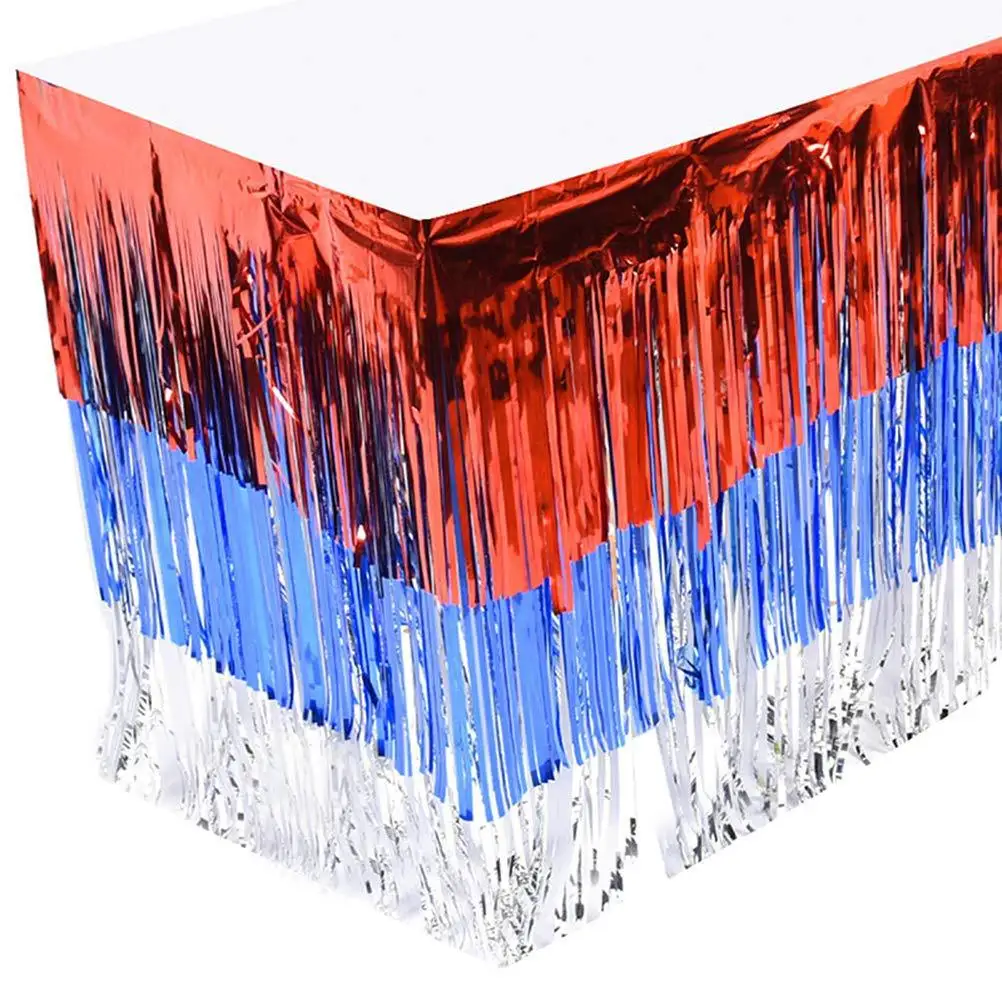 Image of Red White Blue Metallic Plastic Fringe Table Skirt Independence Day Home Decoration for Party decor