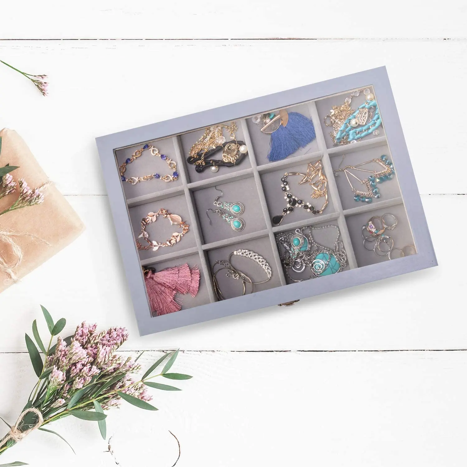 Wooden Jewelry Tray With Lid,Jewelry Display Organizer With Removable