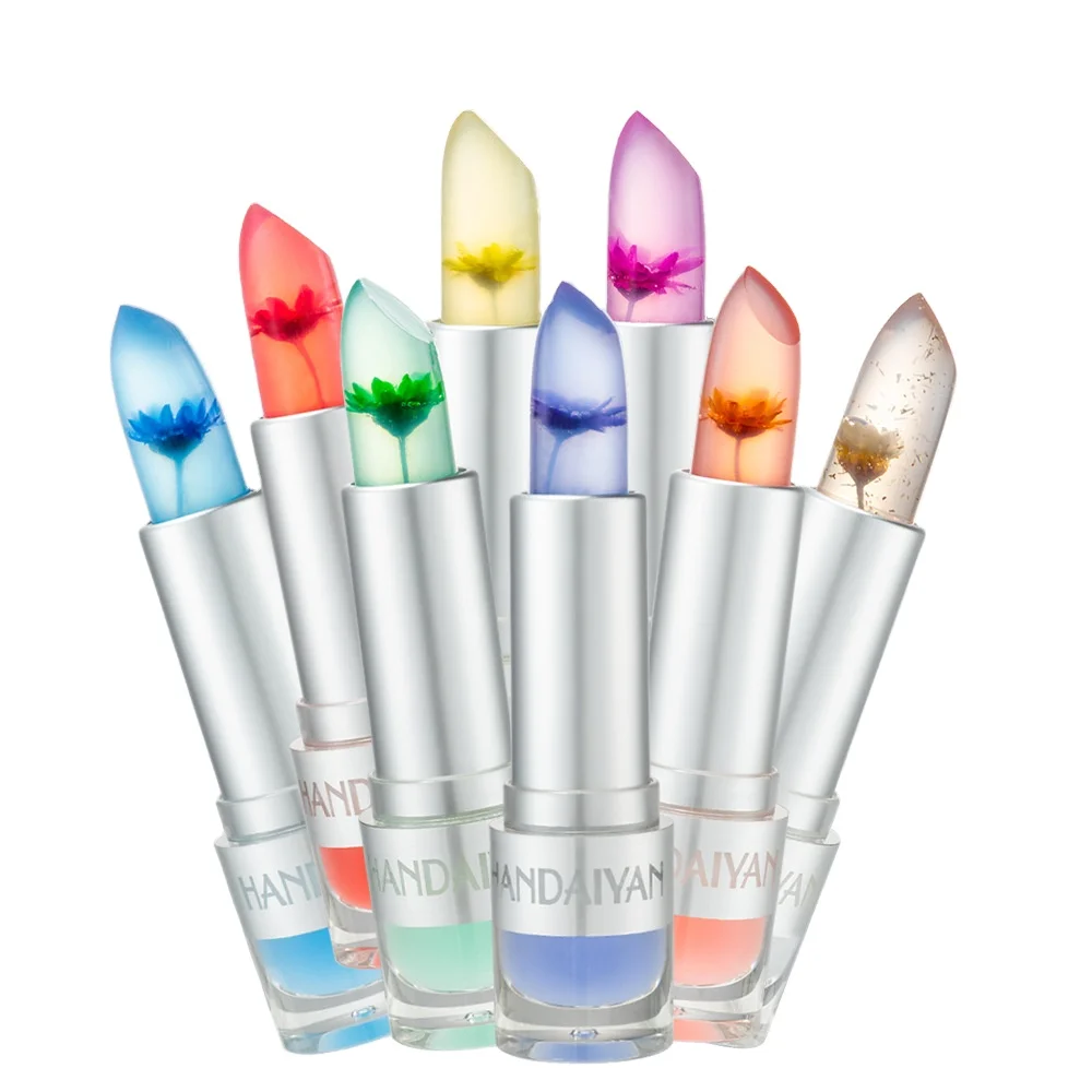 

Free sample 8 color Flowers jelly clear discoloration private label base containers tube lip balm gloss lipstick