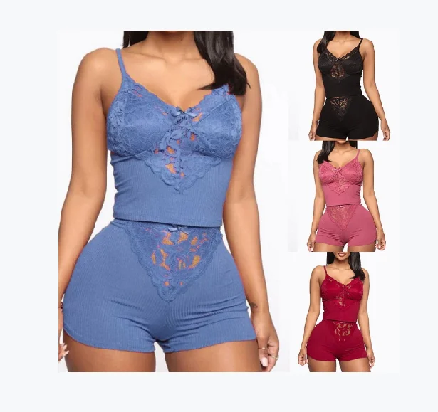 

AYP0929 Fashionable women sexy Solid color comfort lace bowknot decor set sleepwear two piece set lingeries