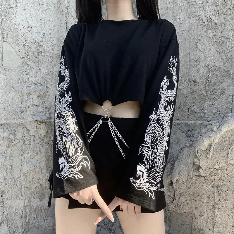 

Wholesale Long Sleeve T Shirt High Quality Gothic Clothing Women O Neck Loose Crop Top Dragon Print Shits For Women Ladies