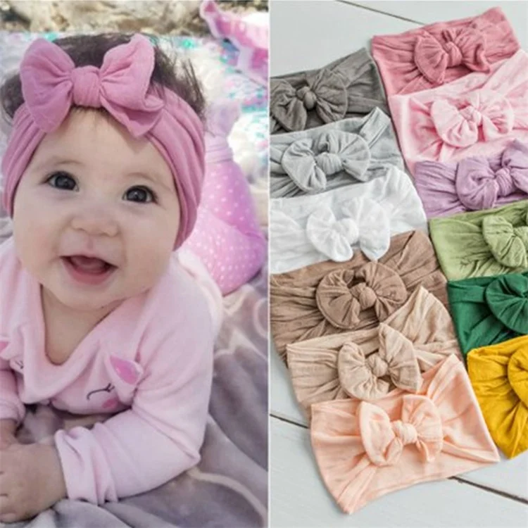

27 Colors Soft Stretchy Nylon Headbands Bow Knot Turban Headwrap Custom Infant Newborn Bow Headband