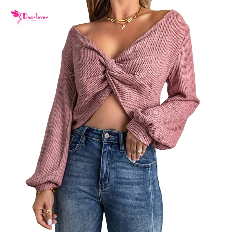

Hot Sale Pink Twist Knot Waffle Knitted Cropped Tops For Women Long Sleeve Crop Top
