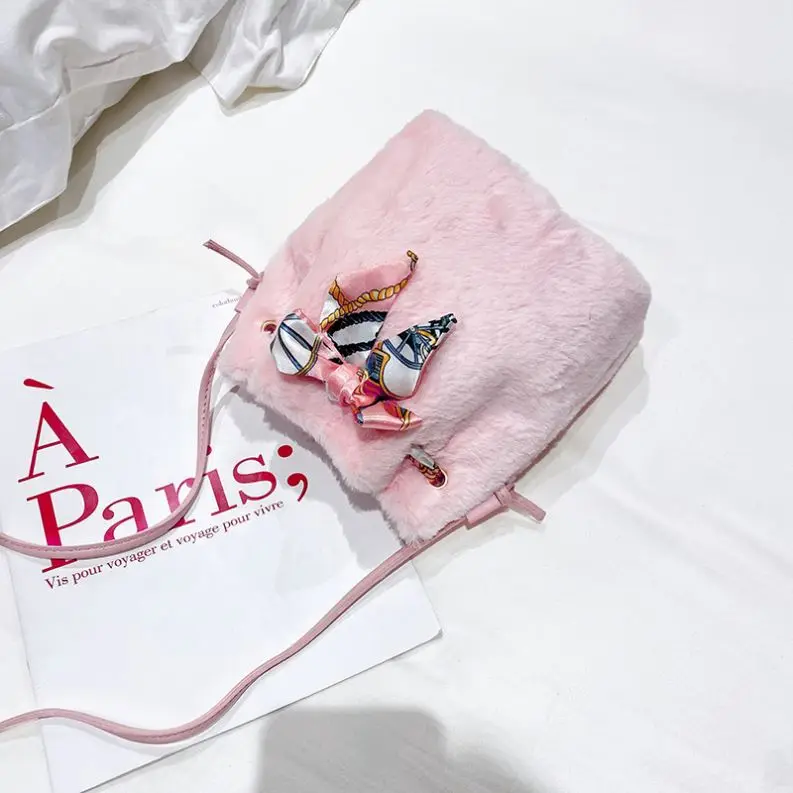 

Wholesale pu furry silk scarf pattern women small bucket bags girl ladies mini High capacity bucket shoulder messenger bags