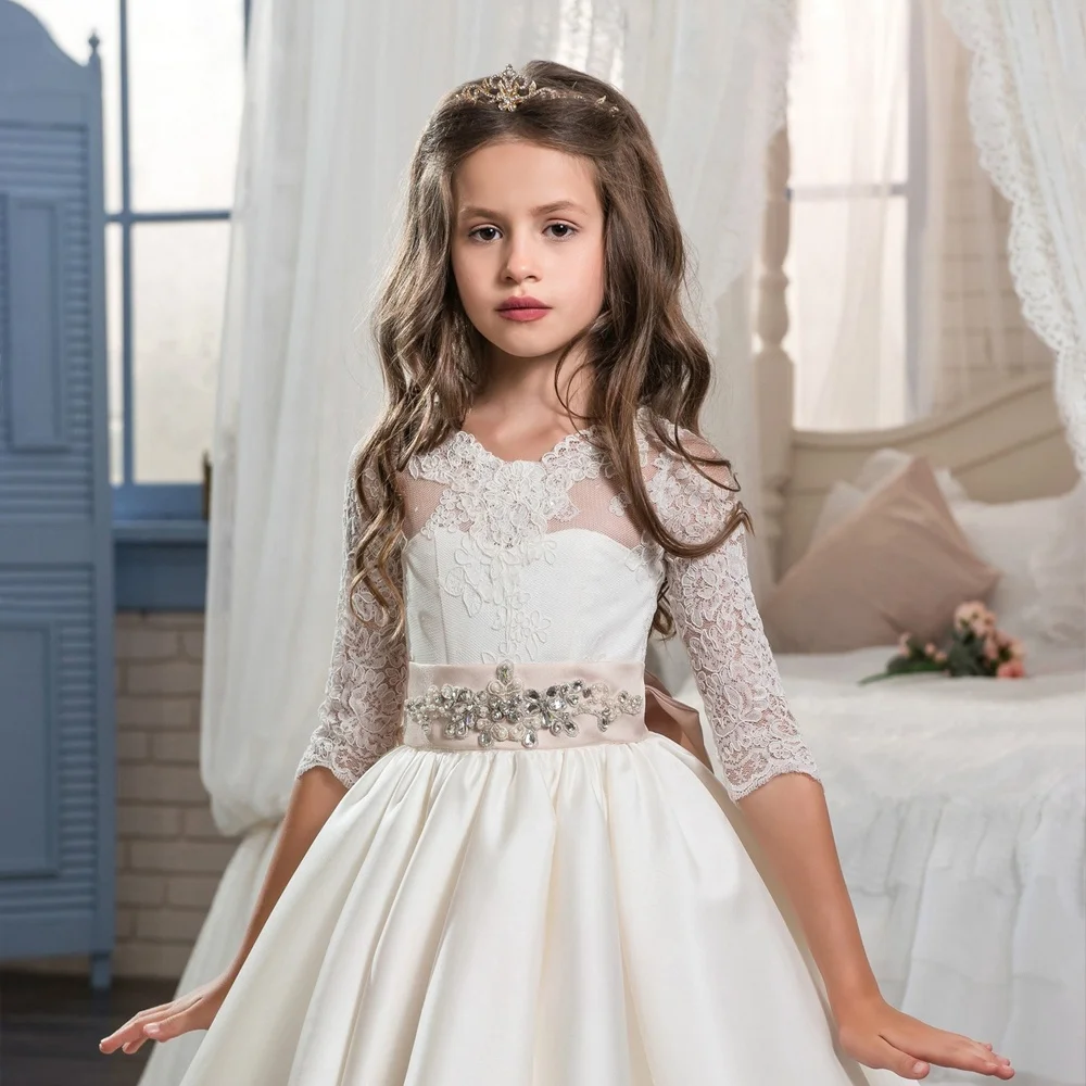 

OEM beautiful first communion dresses for girls half sleeves girls ball gown dresses lace 2018 flower girls dresses for wedding