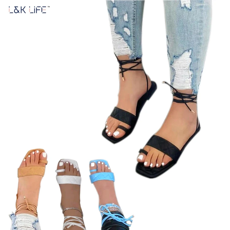 

Latest Hot Sale Summer Ankle Straps Square Toe Daily Wearing High Quality Women's Flat Sandal, Black,khaki, white,blue