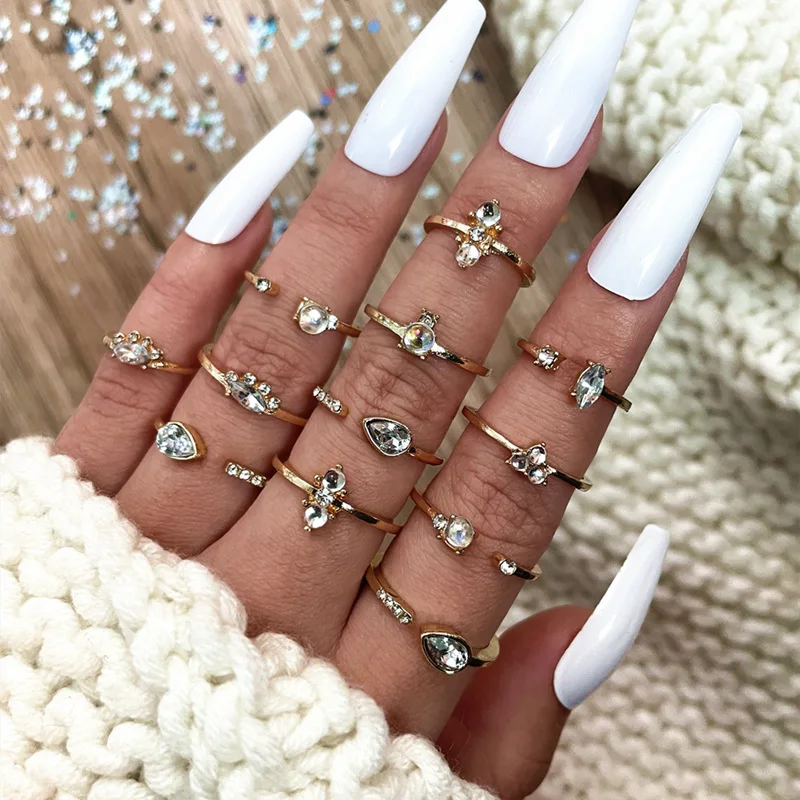 

12 Pcs/Set Ladies Romantic Exquisite Round Geometric Diamond Ring Water Drop Crown Triangle Pattern Ring Set Holiday Accessories, Gold,silver