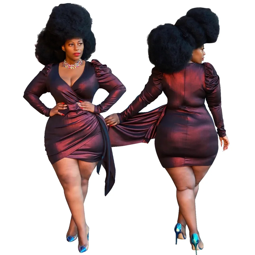 

B54340A New style women fashion v neck plus size pure color sexy dress, Red