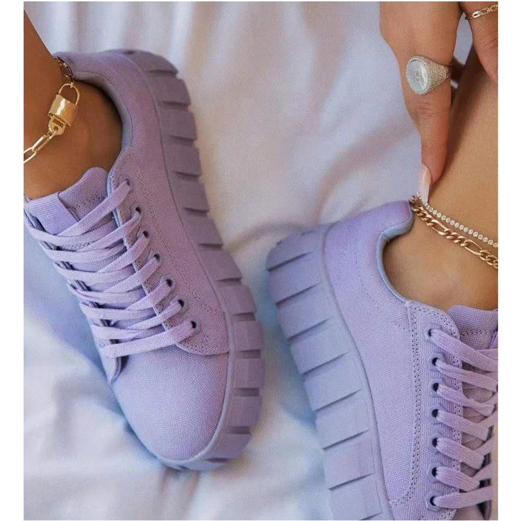 

New Arrivals Latest Design Women Flat Solid Lace-up Chunky Platform Plus Size Casual Walking Style Shoes Ladies Sneakers, Black black+white brown rainbow green purple purple+white white