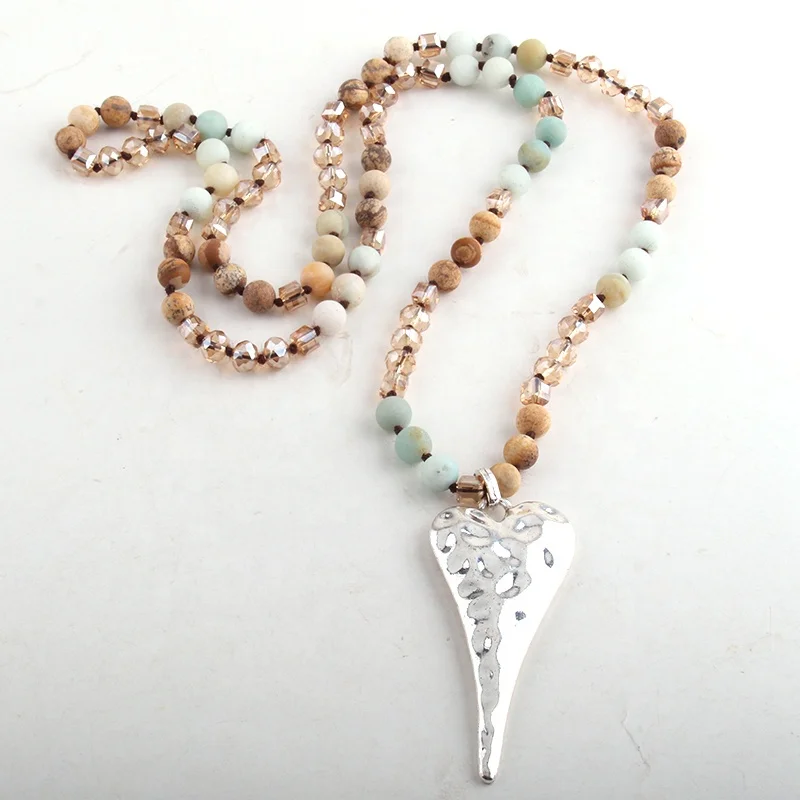 

Women 8mm African Turquoise Pic Jasper natural Stone Necklace Crystal glass Metal Big Cross heart Necklace, 4 color