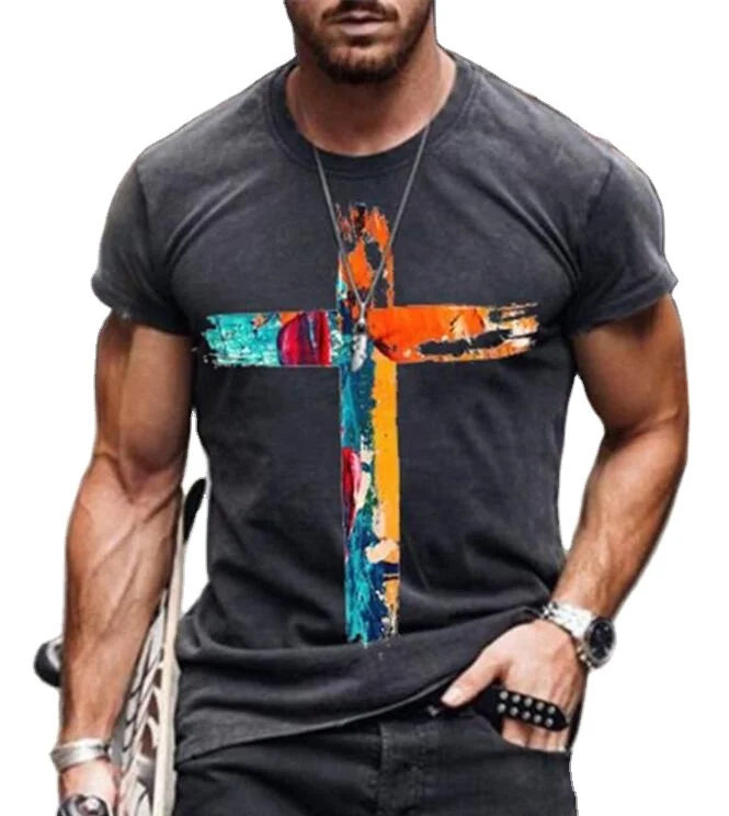 

Men's oversized retro short-sleeved T-shirt 2021 summer new fashion Harajuku colorful cross-print O-neck men's T-shirt