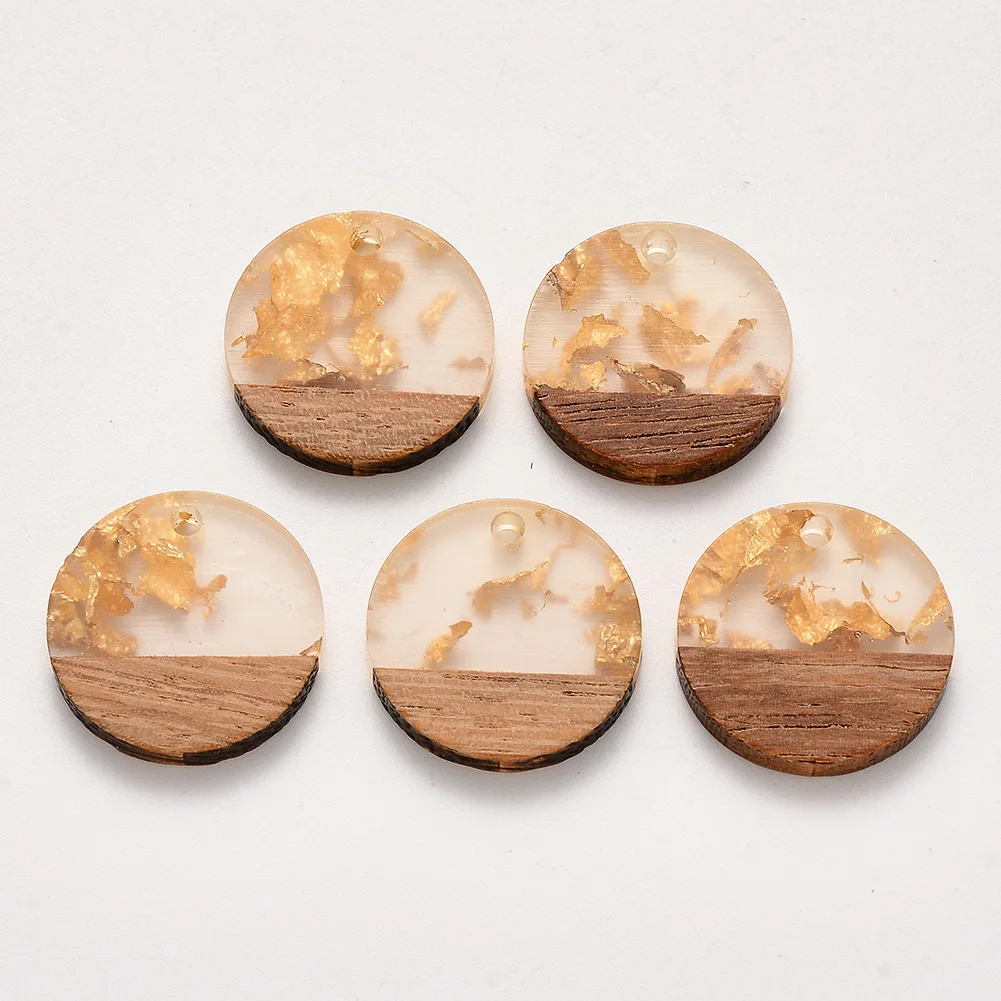 

PandaHall 18mm Gold Foil Flat Round Transparent Resin Wood Pendants