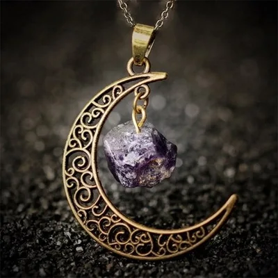 

Hot selling jewelry natural stone crystal retro alloy sweater quartz crystal travel amethyst moon necklace