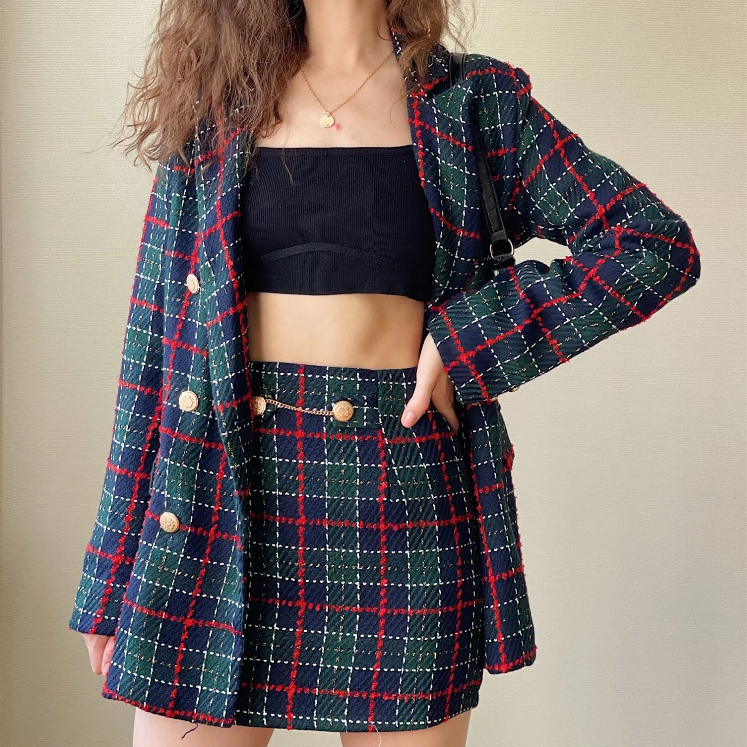 

New Fashion Wholesale Tweeds Blazer Women Plaid Jacket Double Breasted Coat Two Piece Set With Skirt