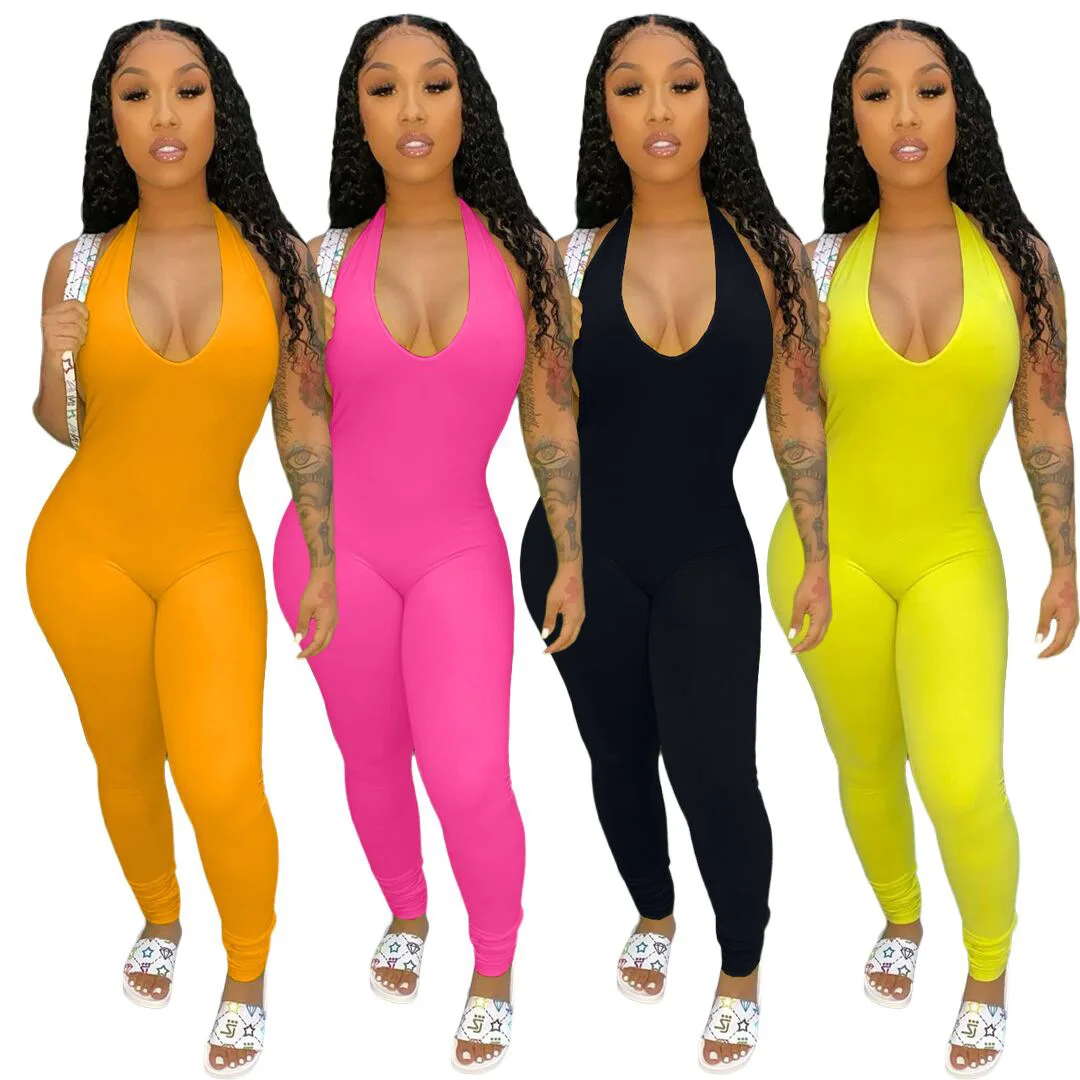 

2021 Wholesale Solid Backless Stacked Pant Draped Ladies One Piece sexy bodysuits for women