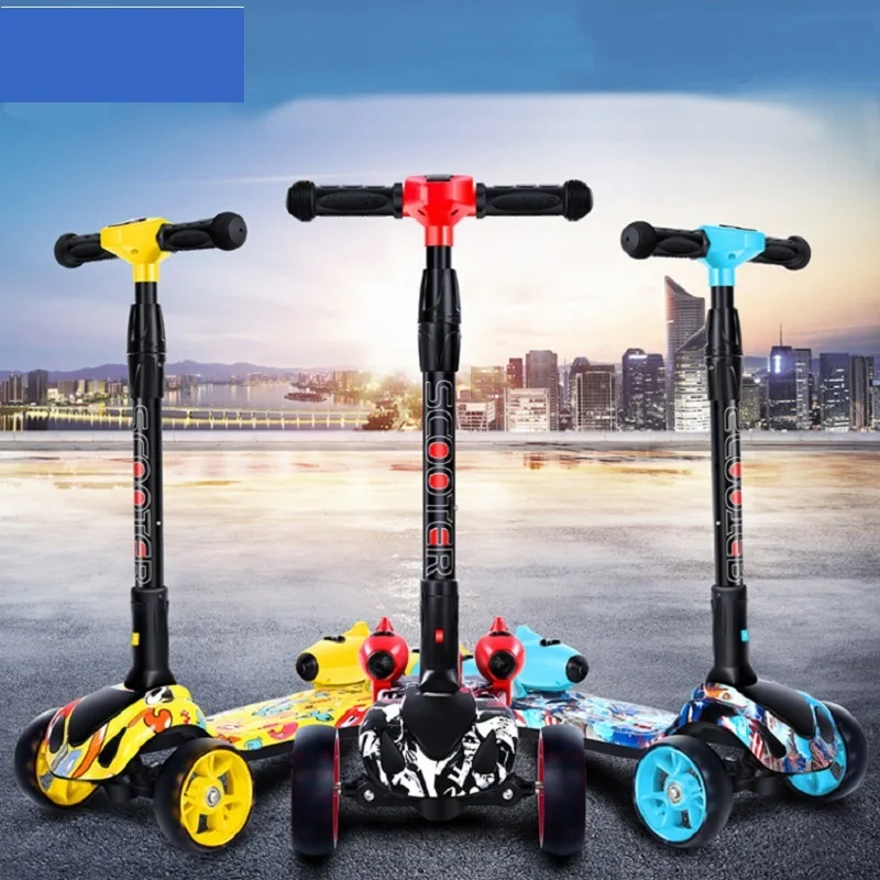 

Hot selling high quality 2021 New Model Cool cheap price 3 wheels electric Spray Kids kick pedal Scooter with led lights for kid, Blue, red, yellow