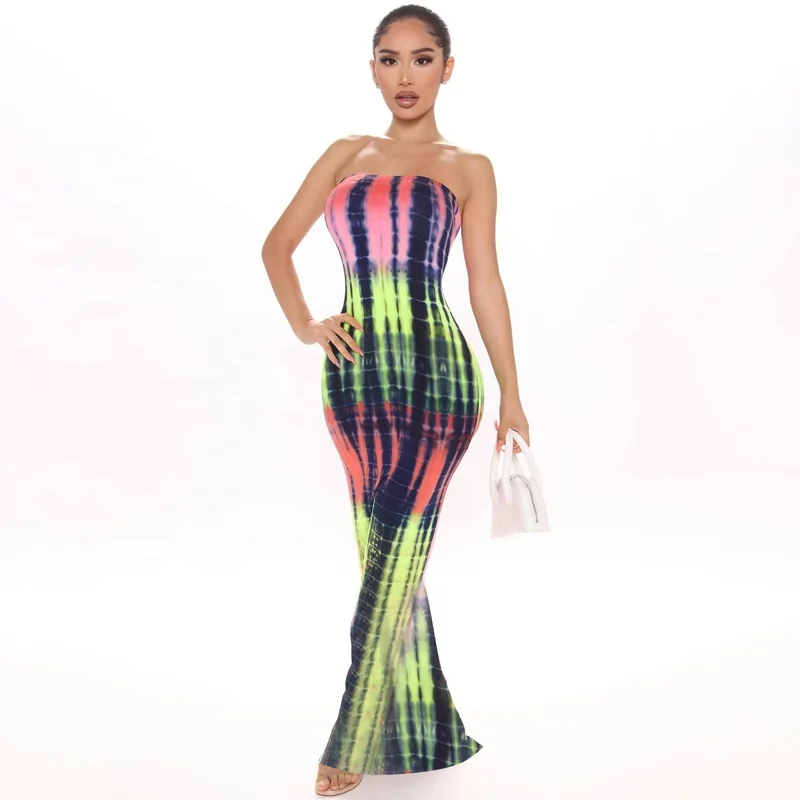 

Wholesale Tube Top Tie-Dye Tight-Fitting Long Skirts Elegant Woman Summer Casual Dresses, Shown