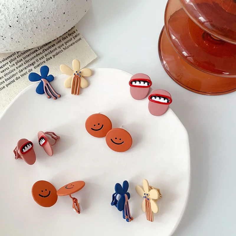 

Kaimei Original design cartoon smiley painted earrings female cute korea flower silver cartoon earrings asymmetric stud earrings, Many colors fyi