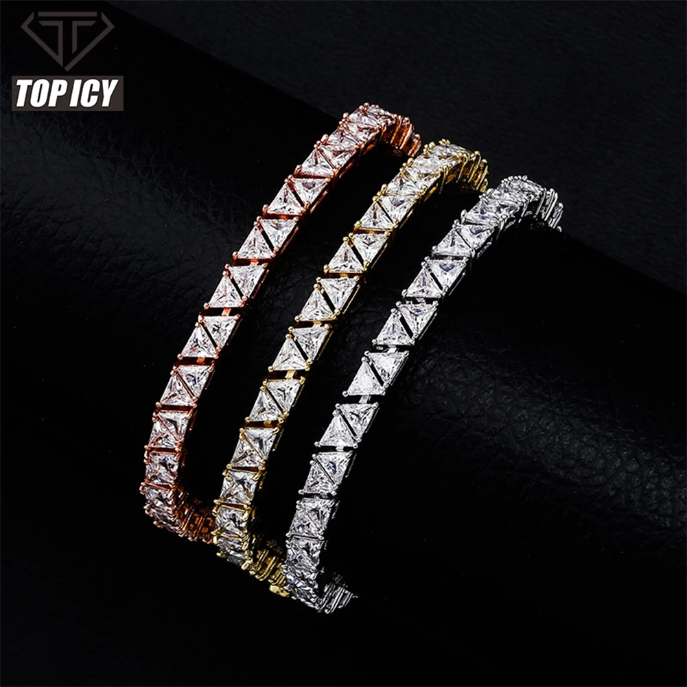 

TOP ICY 5mm Tennis Chain Bracelet High Quality Triangular Iced Out Cubic Zirconia Hip Hop Charm Fashion Jewelry For Women, White gold/ gold