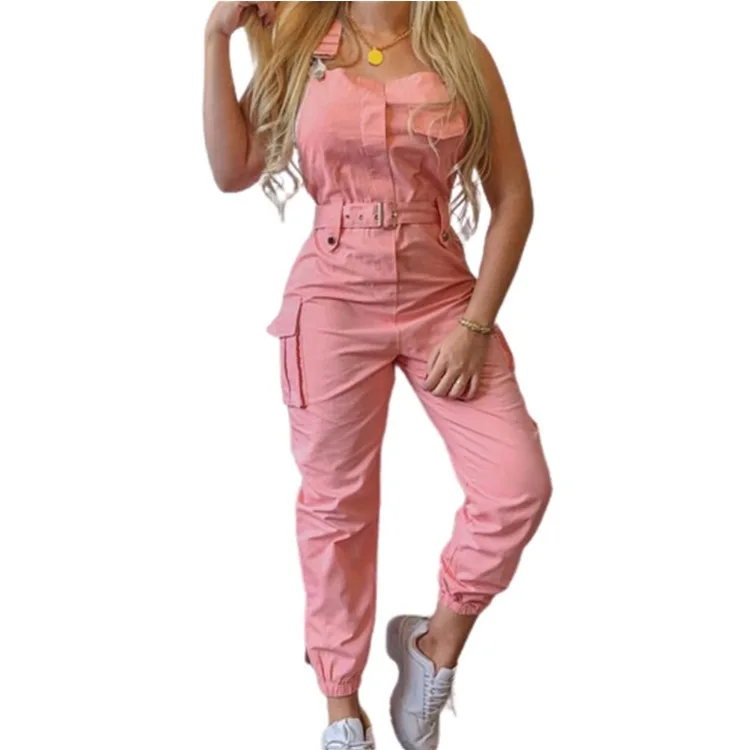 

Women Casual Cargo Playsuit Sleeveless O Neck Jumpsuit With Pocket and Belt Elegant Pencil Pants Overalls, As show