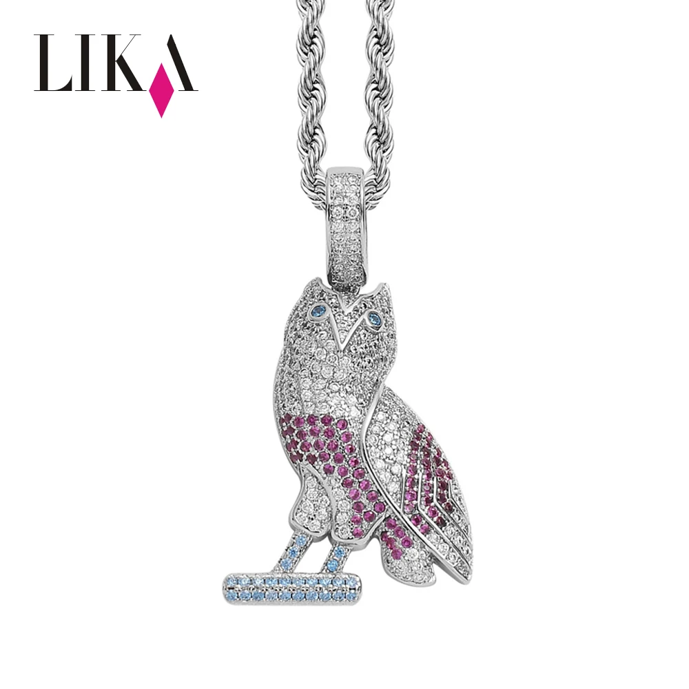 

LIKA Custom OVO DRAKE Hip Hop Vacuum Gold Plated Iced Out Colorful ZirconJewelry 14k Gold Plated Owl Diamond Pendant, Sliver gold rose