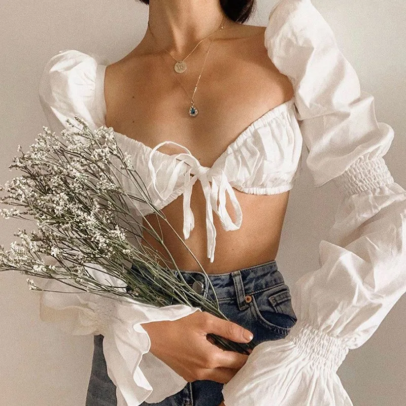 

Dvacaman Spring 2021 Trendy Latest Women Sexy Elegant Crop Top Bandage Ruffles Low Cup Flared Sleeves Blouse Shirt