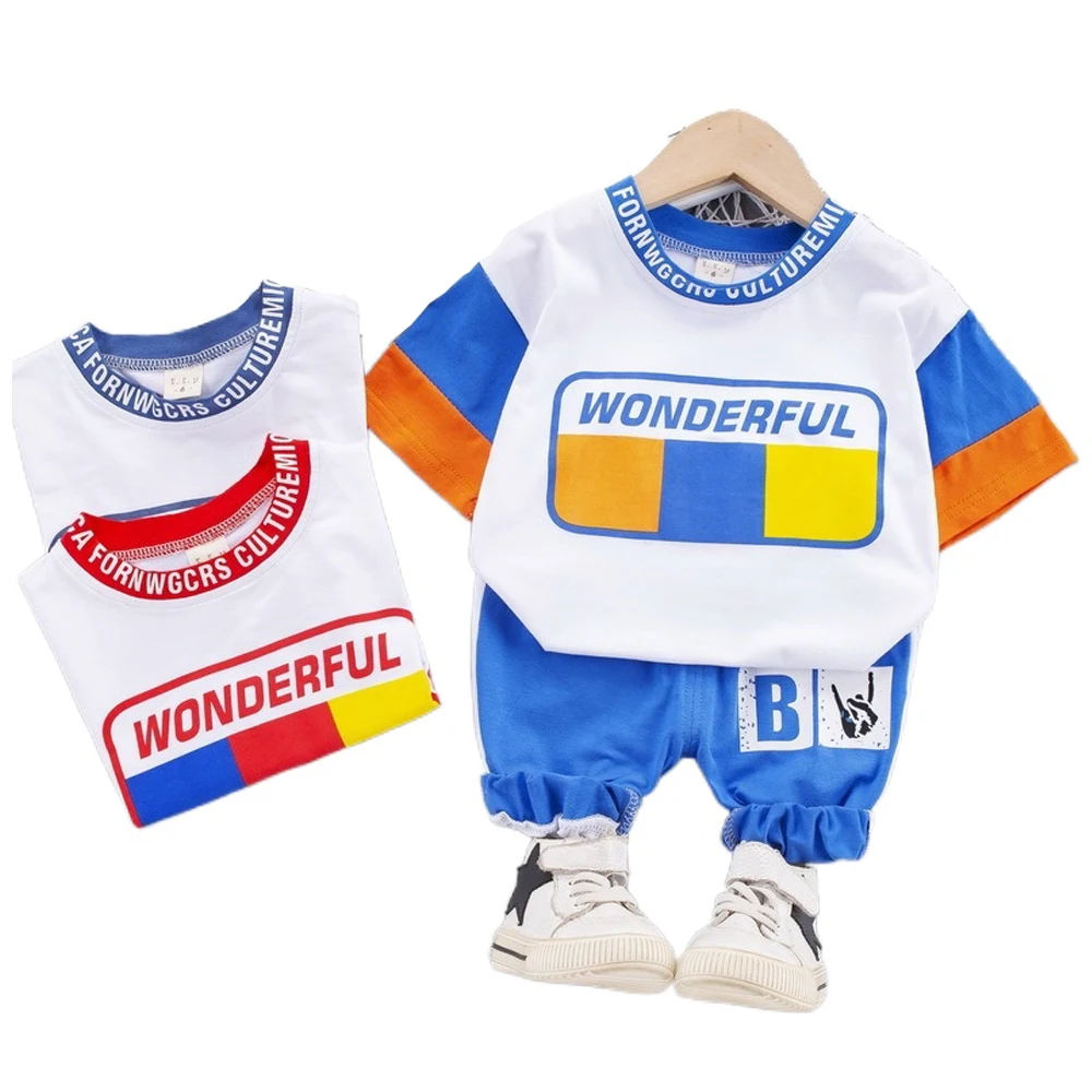 

2021 Summer Baby Boy Costume Children's Cartoon Spliced Letter Suit school boy Sports Beach 2Pcs Suit Children's Suit, Red,dark blue, blue