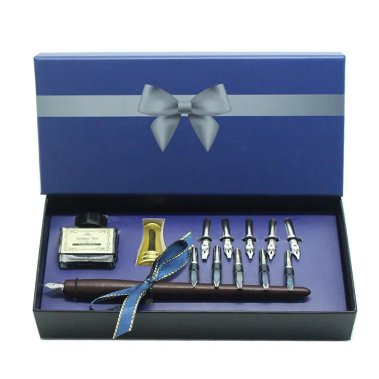 

New Packaging Wood Dip Pen Set Gift Writing Case with Golden Nib Black Ink & 11 Nibs calligraphy dip pen set