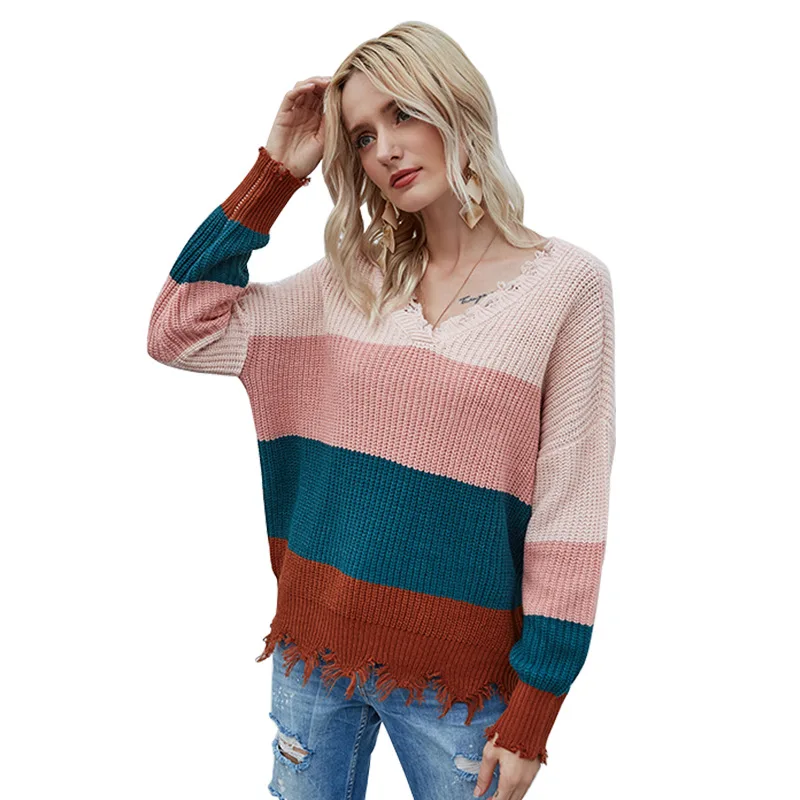 

Fshion Patchwork Color V Neck Long Sleeve Pullover Knitted Sweaters Girls' Casual Women's Sweater Winter Clothing, Pink,green