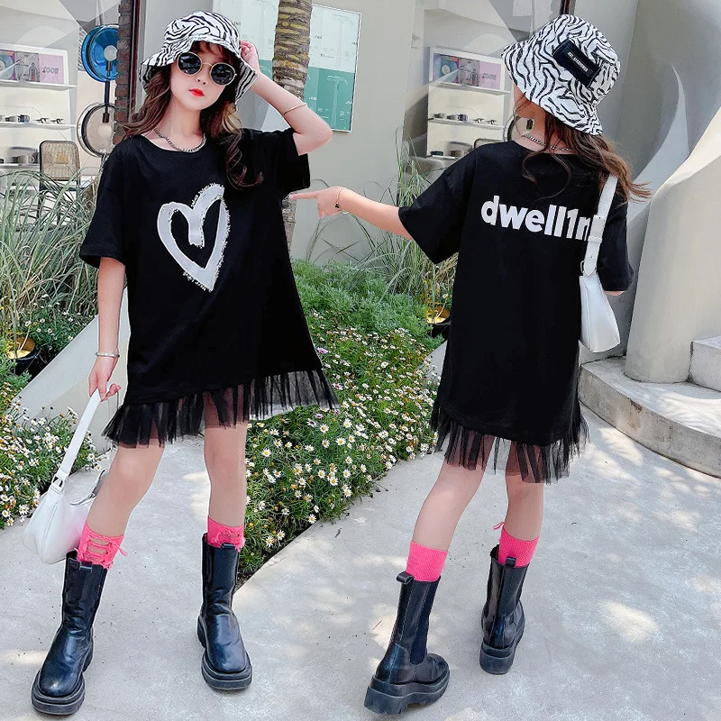 

New arrival summer girls fashion printing knee length T shirt bottom chiffon dress for kids, Picture shows