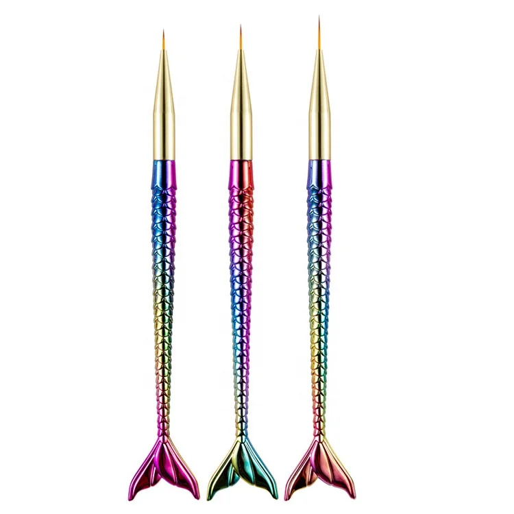 

3 PCS Nail Art Brush Painted Carved Hook Pen Mermaid Gradient Color Handle Tail Pull Line Pen